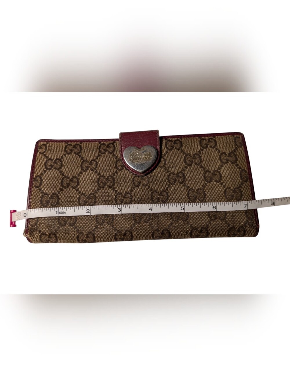 Gucci Brown Monogram Lovey Heart-Accent Wallet Leather Preloved Worn Italy Faded